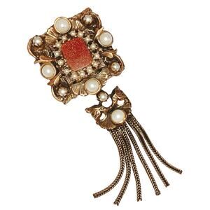 Vintage Mid Century Etruscan Revival Goldstone Pearl Tassel Brooch 1950s-60s Pin